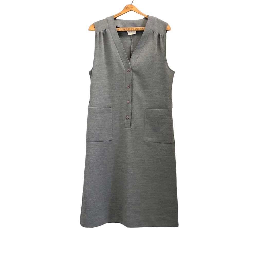 Vtg 70s, Grey Fortrel Knit Pull on Jumper Dress, Sz 12, Patch Pockets